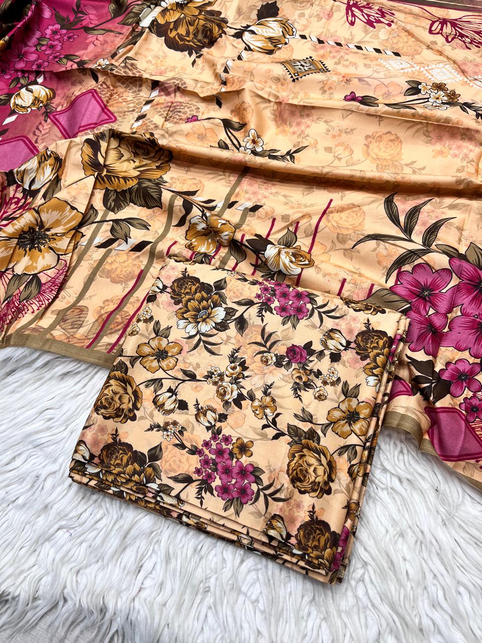 3Pc Linen Allover Unstitched Suit - 0094