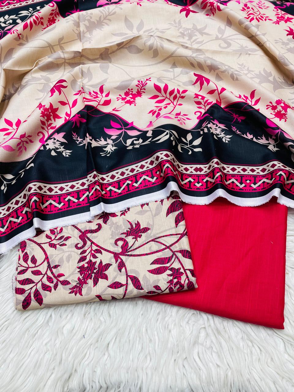 3Pc Slub Khaddar Unstitched Suit - 0085