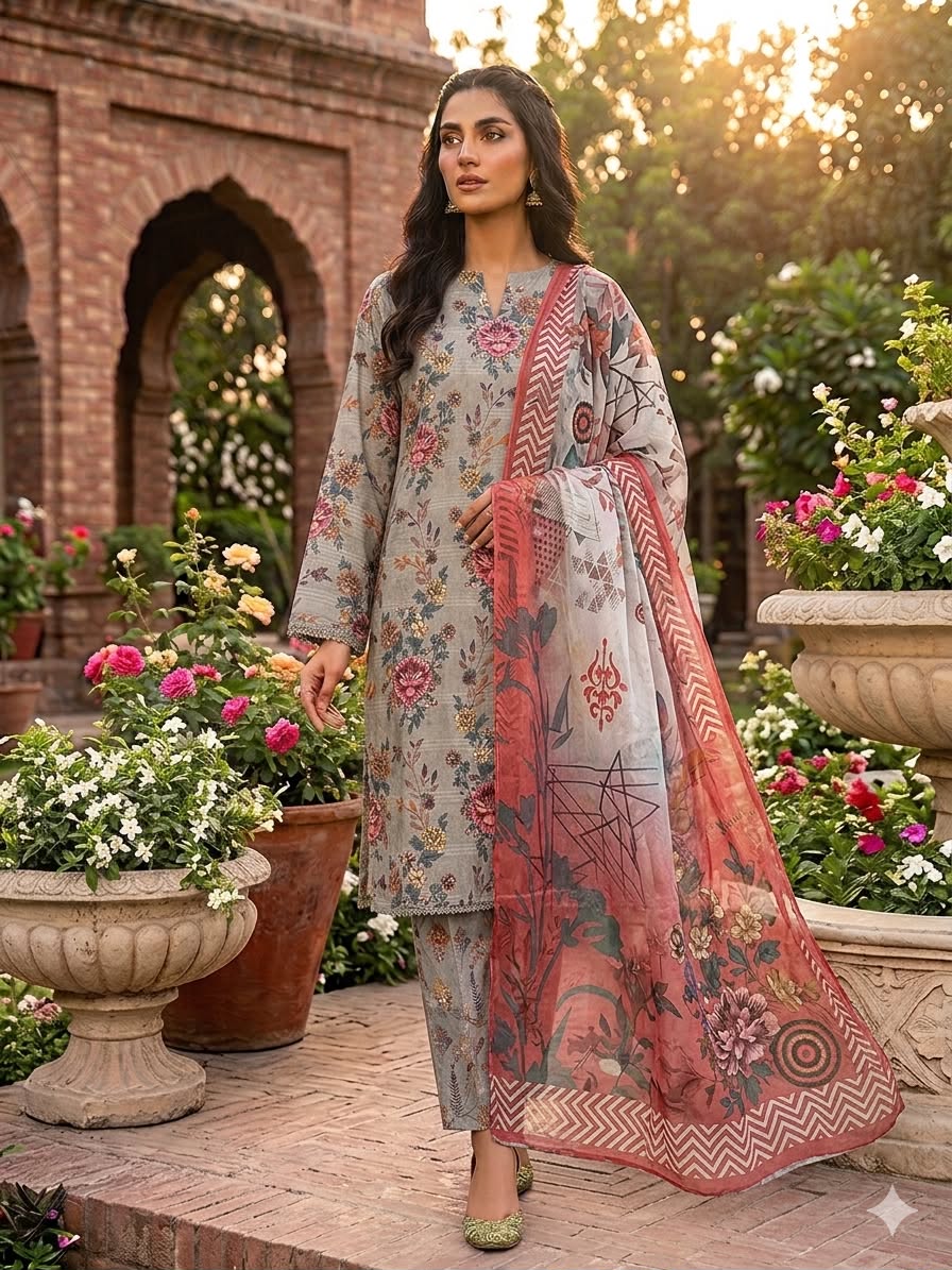 3Pc Lawn with Bamber Chiffon Dupatta Suit - 307