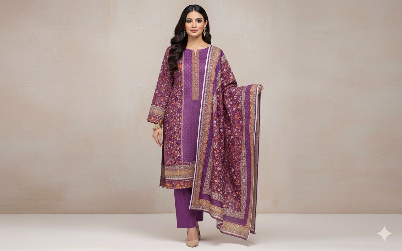 3Pc Dhanak Jacquard Unstitched Suit - 0089