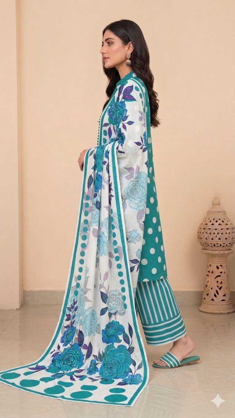 3Pc Printed Dress Polka Dots Firozi - 6208