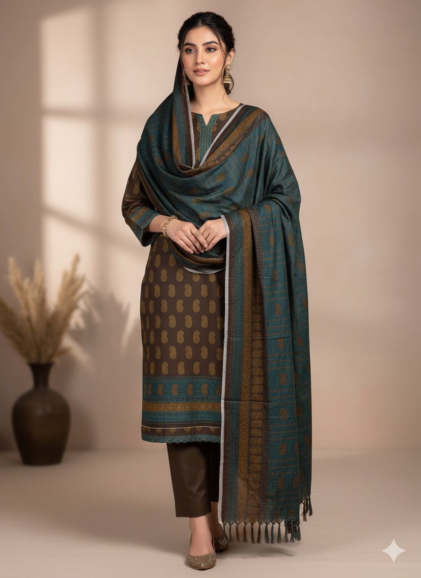 3Pc Dhanak Jacquard Unstitched Suit - 0089