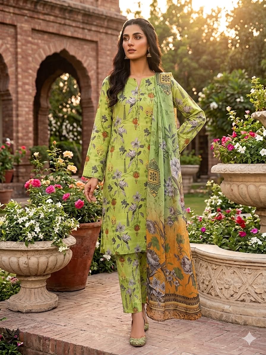 3Pc Lawn with Bamber Chiffon Dupatta Suit - 307