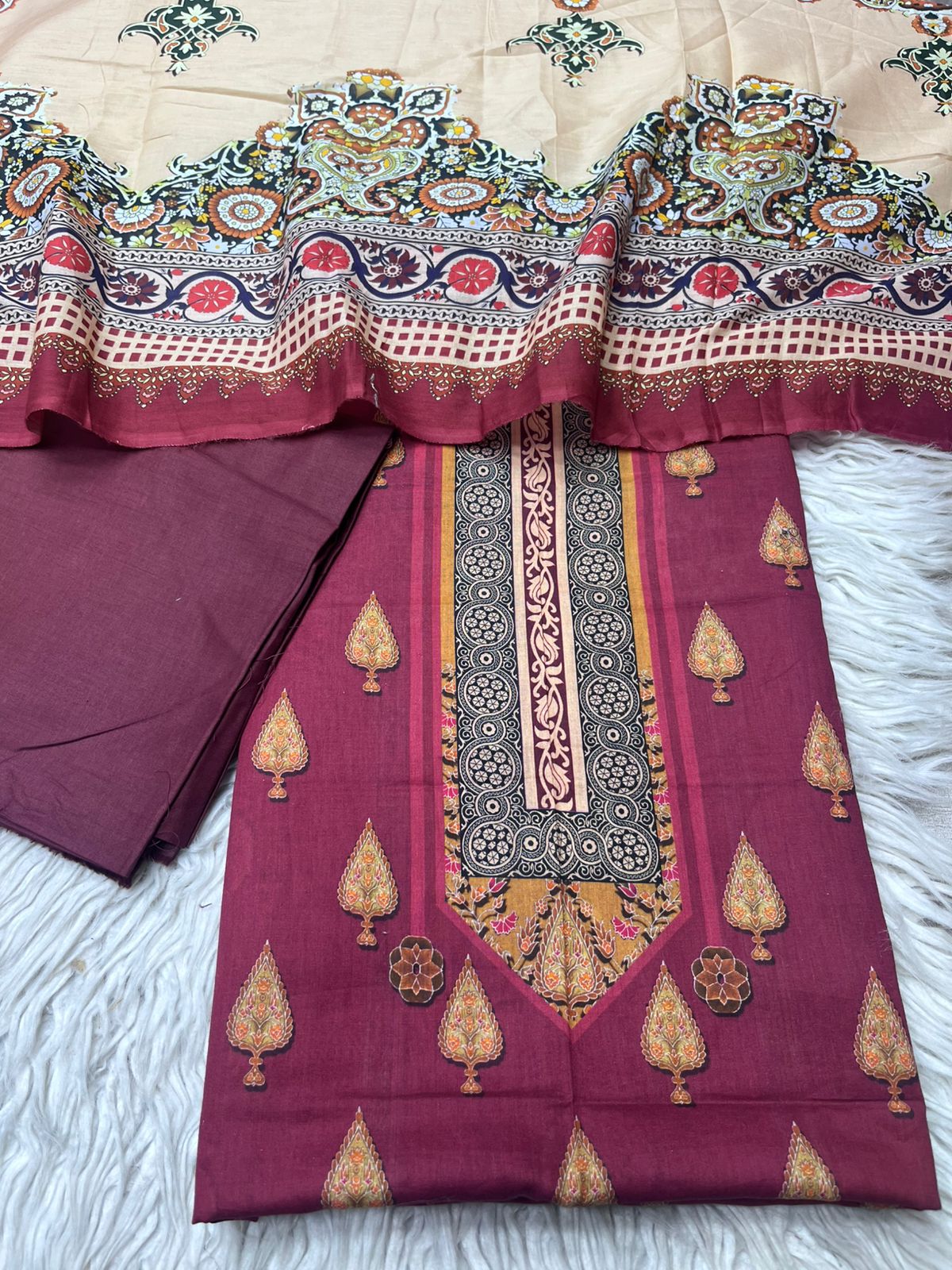 3Pc Printed Lawn Dyed Trouser Unstitched Suit Vol-0061