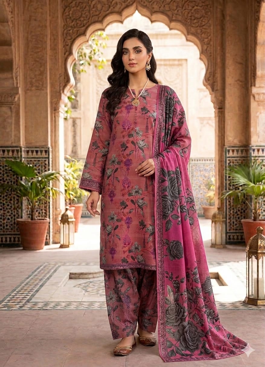 3Pc Lawn with Bamber Chiffon Dupatta Suit - 307