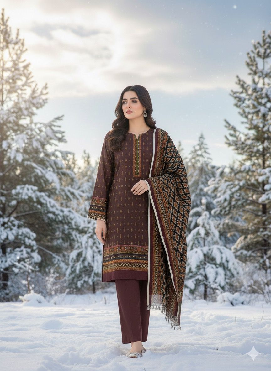 3Pc Dhanak Jacquard Unstitched Suit - 0089