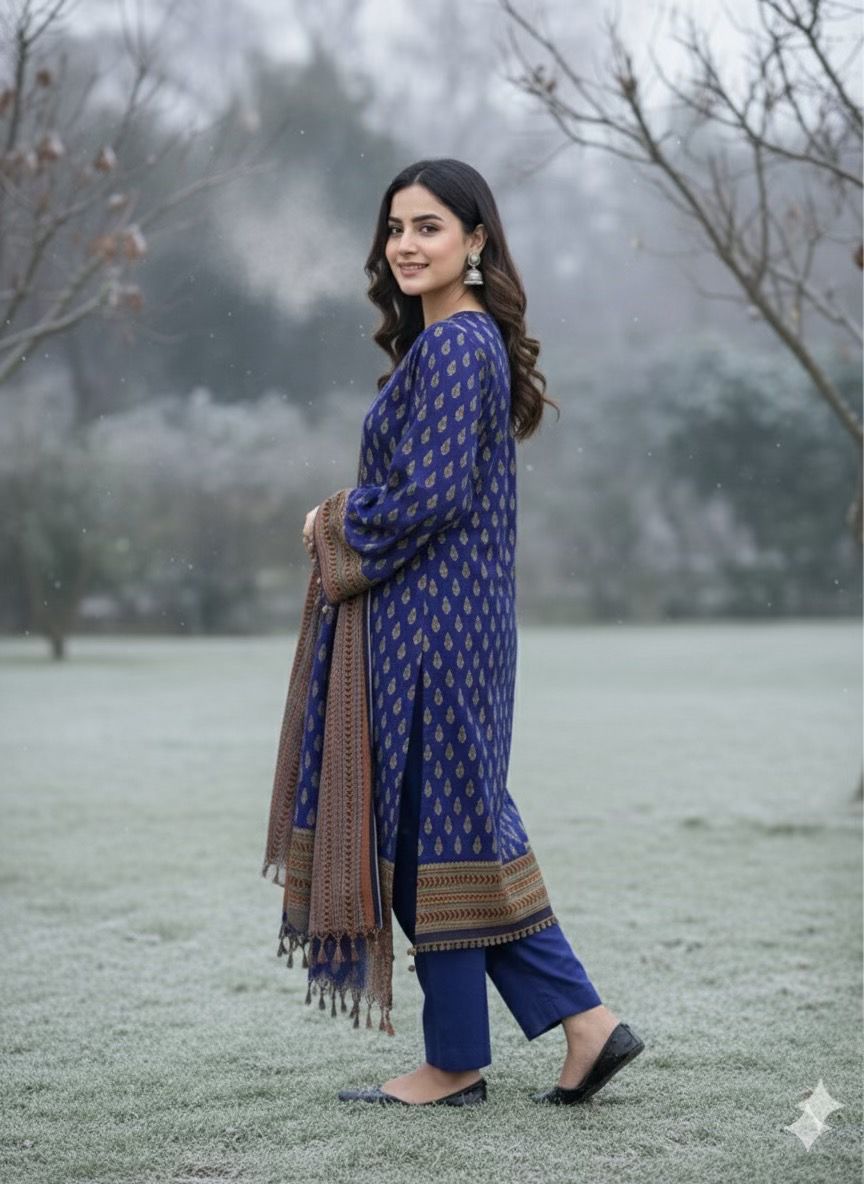 3Pc Dhanak Jacquard Unstitched Suit - 0089