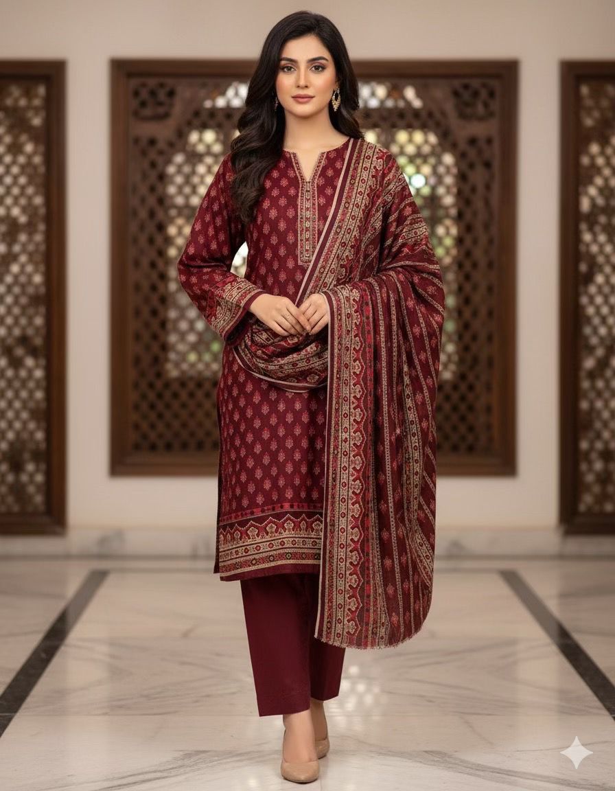 3Pc Dhanak Jacquard Unstitched Suit - 0089