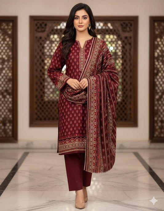 3Pc Dhanak Jacquard Unstitched Suit - 0089