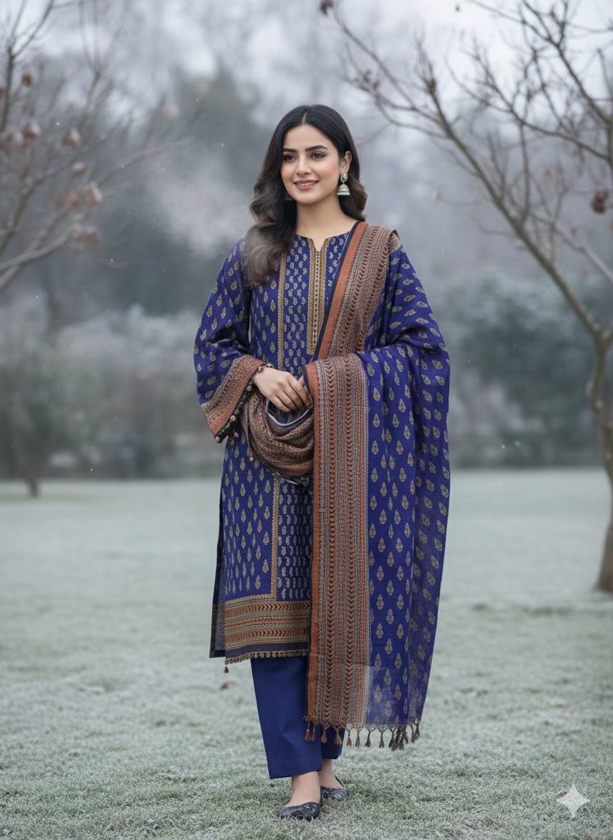 3Pc Dhanak Jacquard Unstitched Suit - 0089