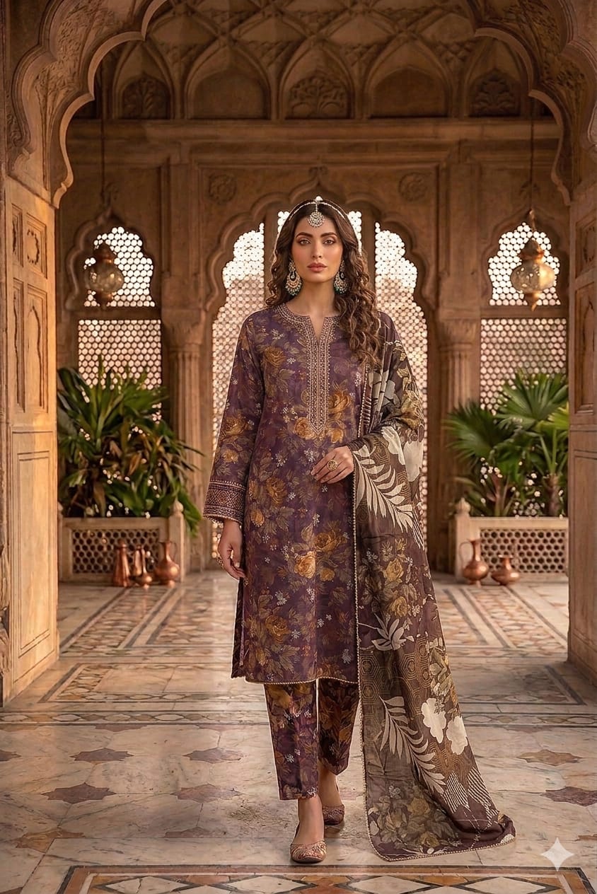 3Pc Lawn with Bamber Chiffon Dupatta Suit - 307