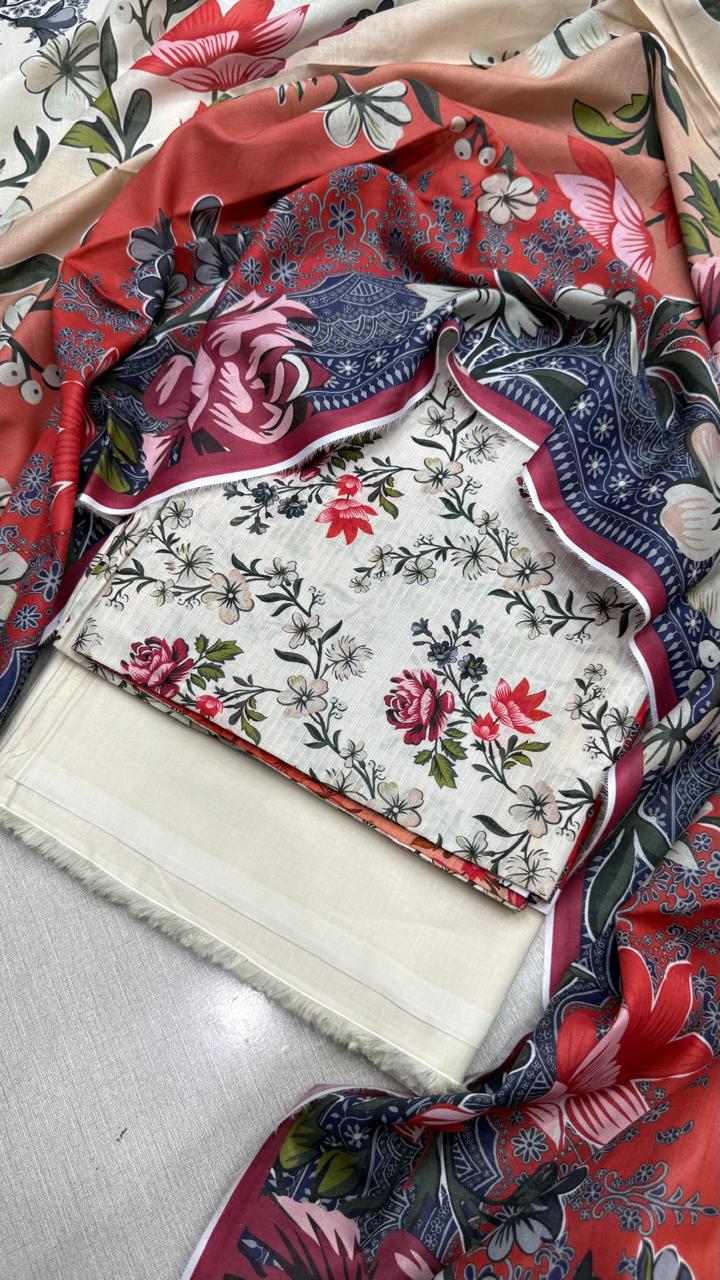 3Pc Lawn Unstitched Suit D #1024