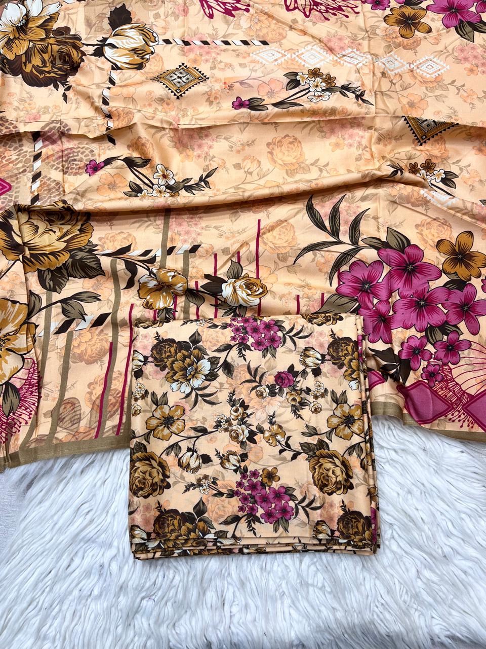 3Pc Linen Allover Unstitched Suit - 0094