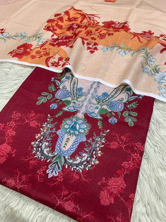 2Pc Cross Slub Lawn Kameez & Duppata Suit  Vol-3201