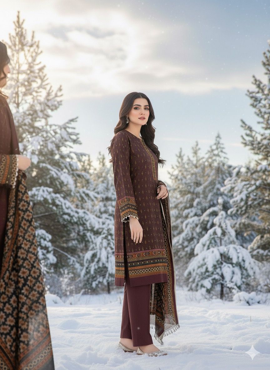 3Pc Dhanak Jacquard Unstitched Suit - 0089