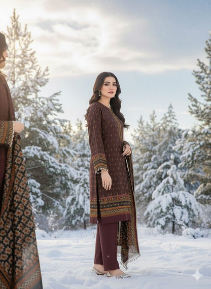 3Pc Dhanak Jacquard Unstitched Suit - 0089