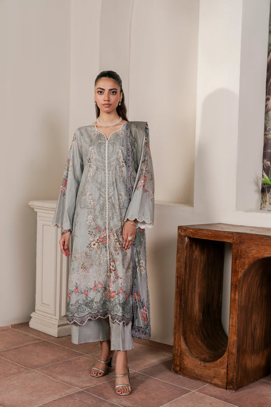 3Pc Firdous Cambric Printed Suit - D755