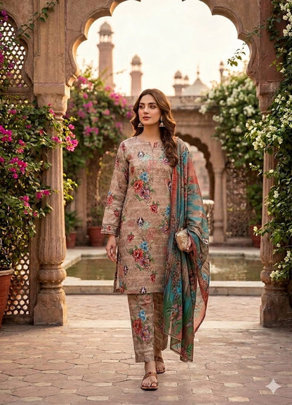 3Pc Lawn with Bamber Chiffon Dupatta Suit - 307