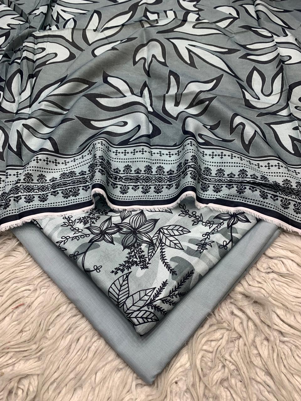 3Pc Printed Lawn Plain Trouser  Vol-03