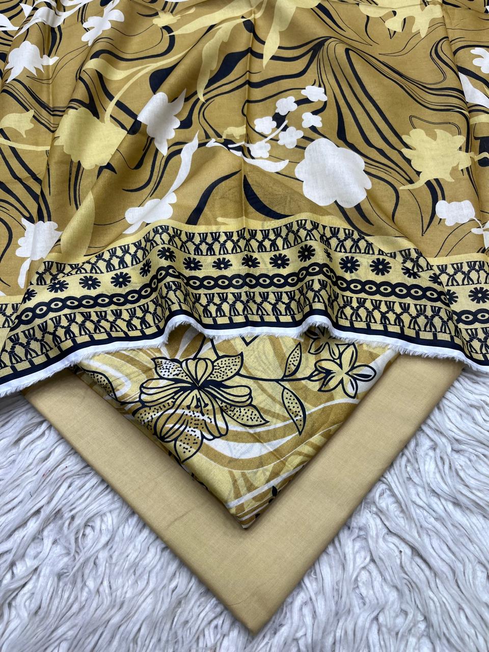 3Pc Printed Lawn Plain Trouser  Vol-03