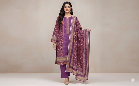 3Pc Dhanak Jacquard Unstitched Suit - 0089