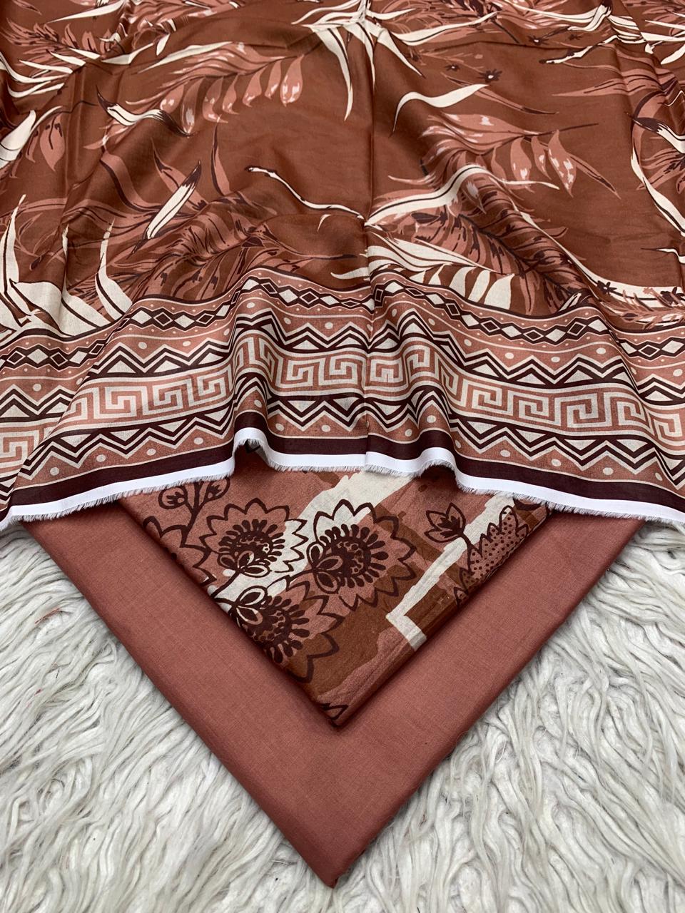 3Pc Printed Lawn Plain Trouser  Vol-03