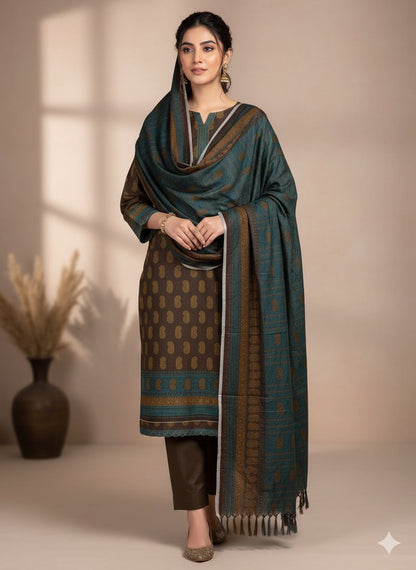 3Pc Dhanak Jacquard Unstitched Suit - 0089