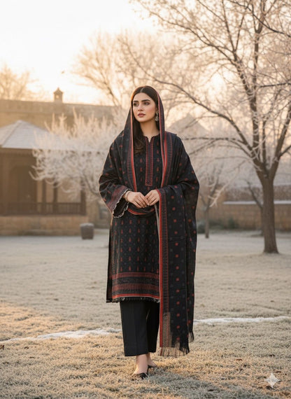 3Pc Dhanak Jacquard Unstitched Suit - 0089