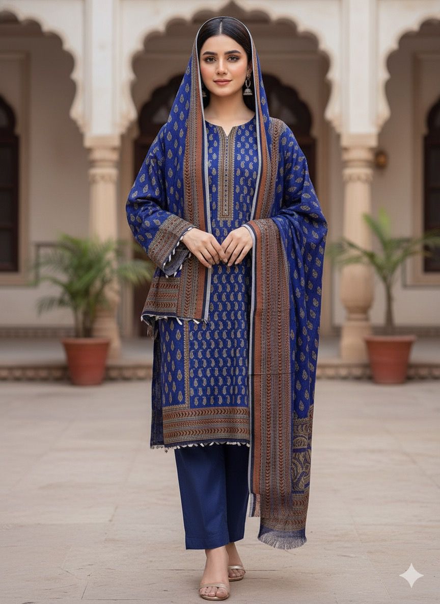 3Pc Dhanak Jacquard Unstitched Suit - 0089