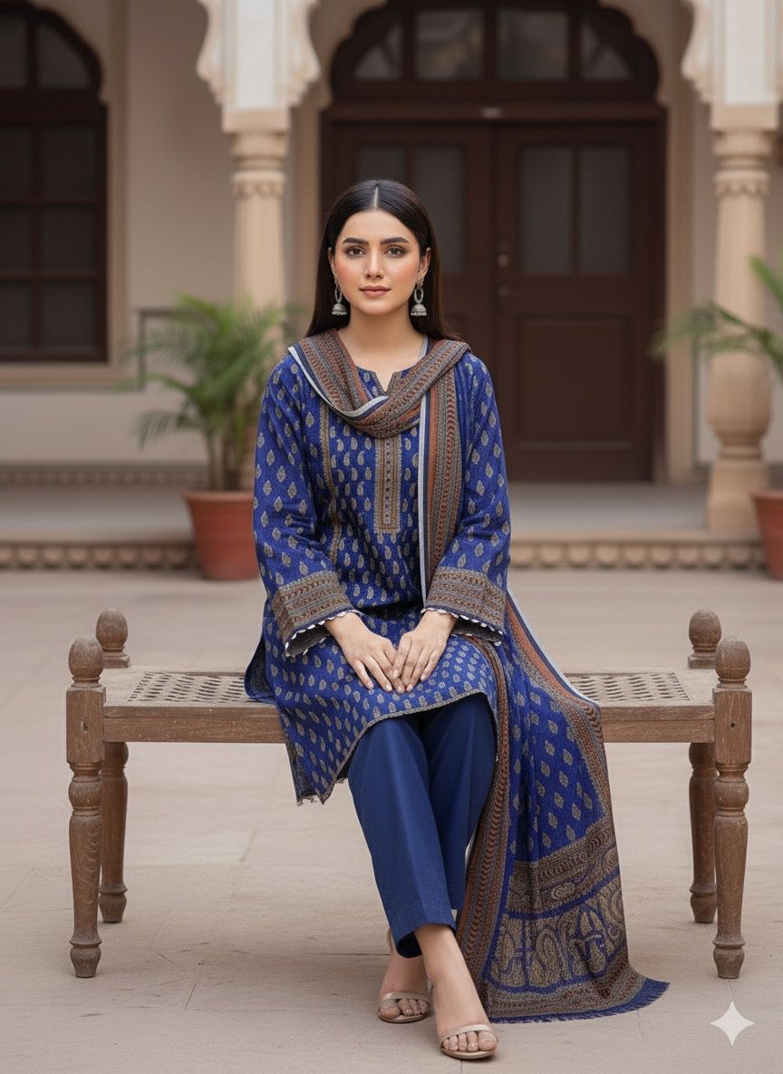 3Pc Dhanak Jacquard Unstitched Suit - 0089