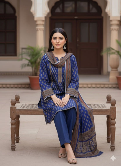 3Pc Dhanak Jacquard Unstitched Suit - 0089