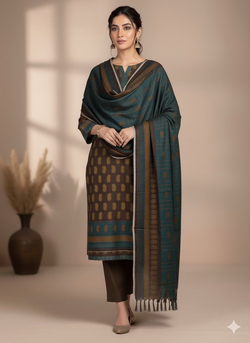 3Pc Dhanak Jacquard Unstitched Suit - 0089