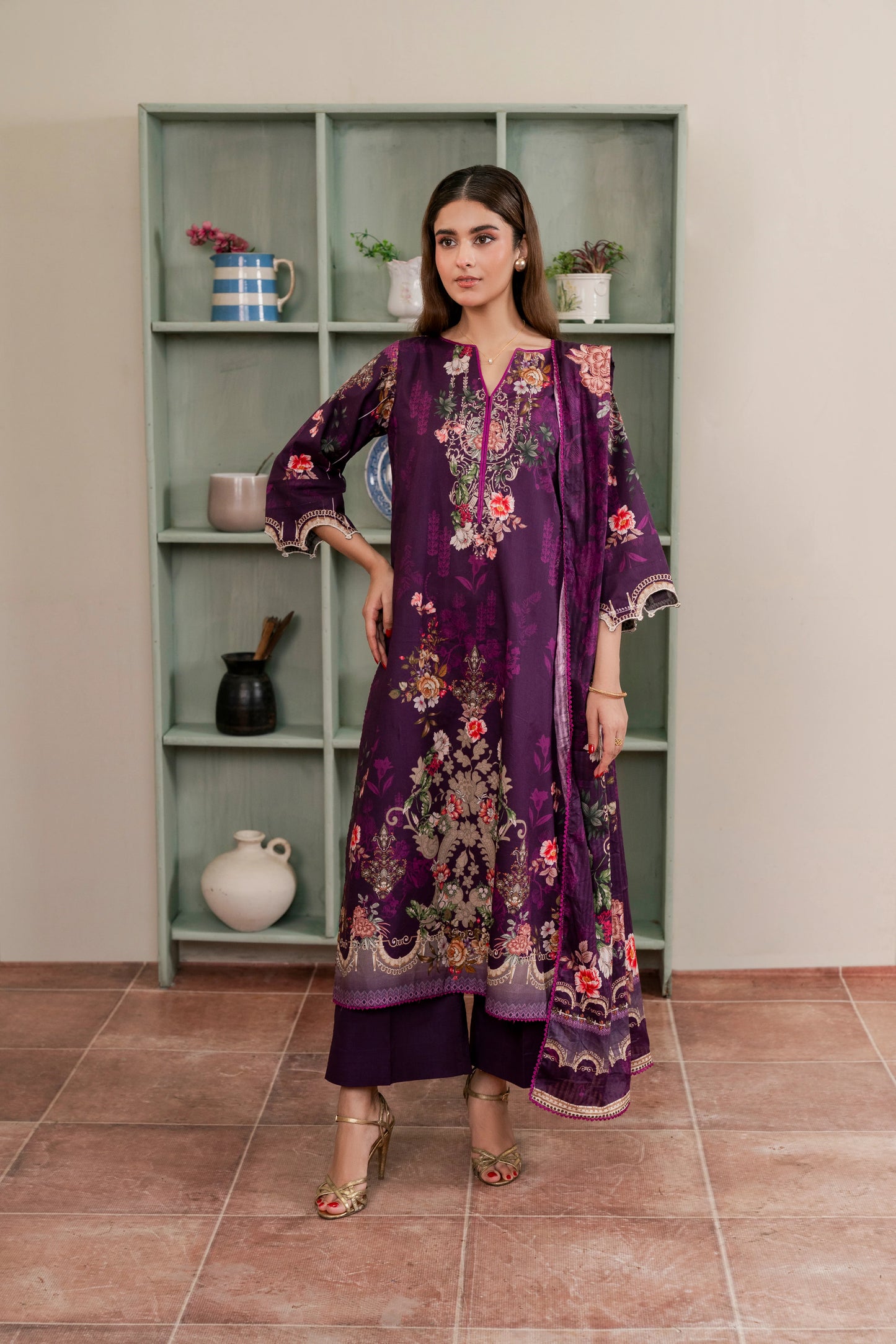 3Pc Firdous Cambric Printed Suit - D757