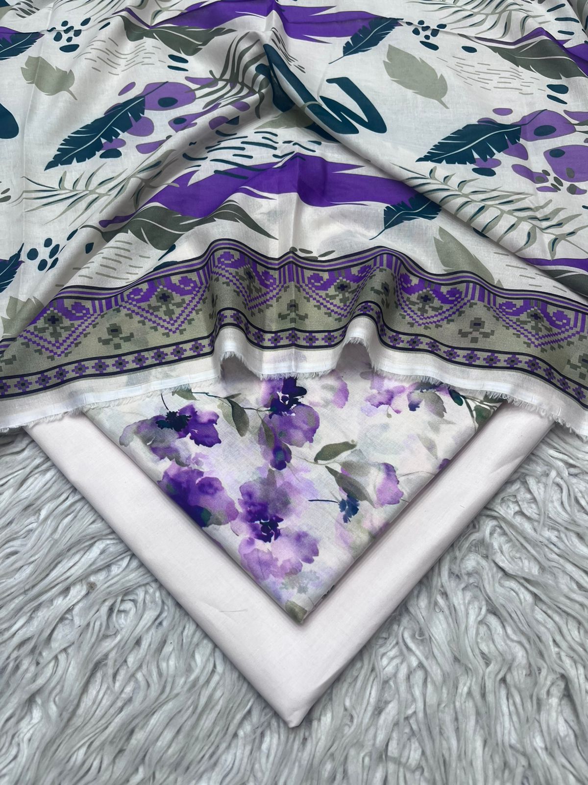 3Pc Printed Lawn Plain Trouser  Vol-04