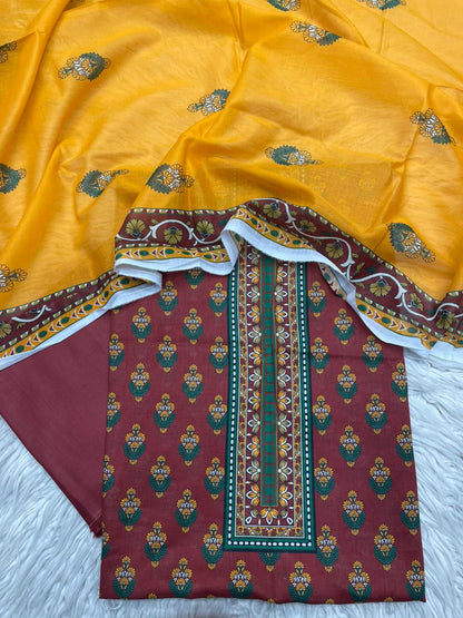 3Pc Printed Lawn Dyed Trouser  Vol-0149