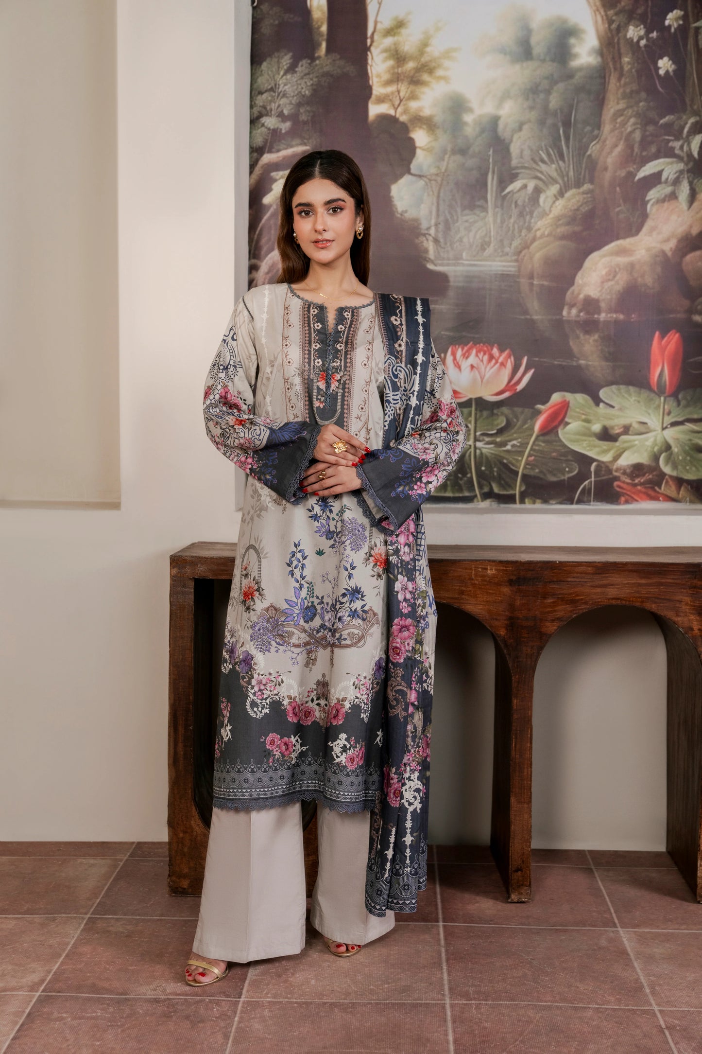 3Pc Firdous Cambric Printed Suit - D754