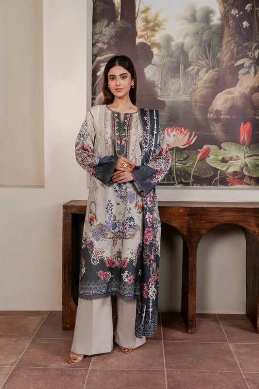 3Pc Firdous Cambric Printed Suit - D754