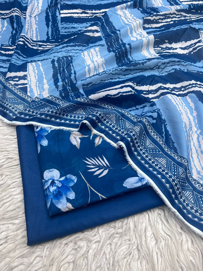 3Pc Printed Lawn Plain Trouser  Vol-04