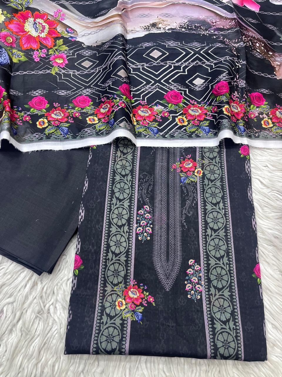 3Pc Lawn Unstitched Suit Vol-0144