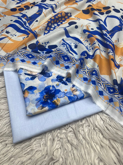 3Pc Printed Lawn Dyed Trouser  Vol-04