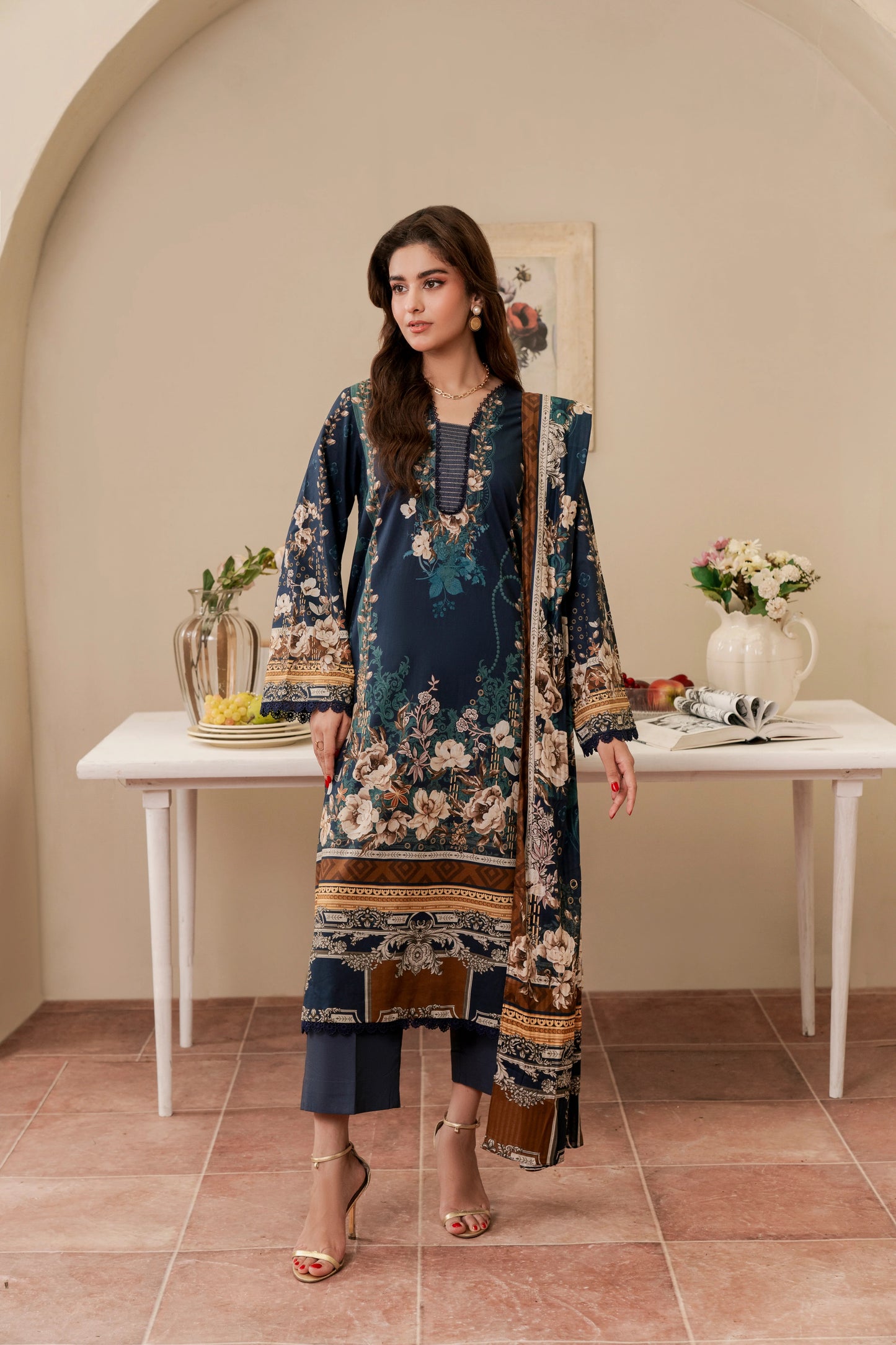 3Pc Firdous Cambric Printed Suit - D752