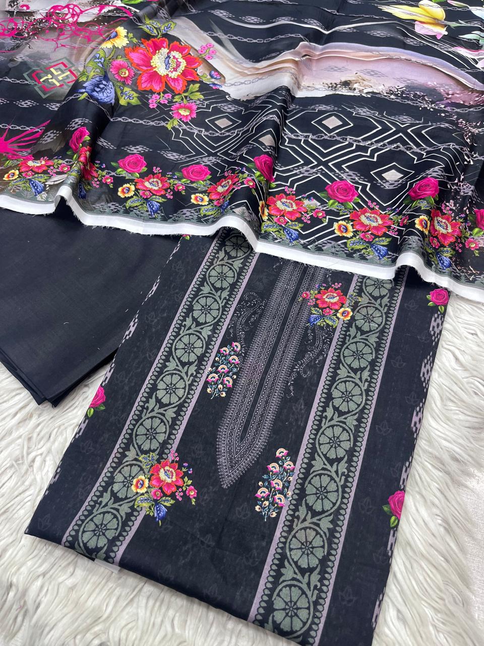 3Pc Lawn Unstitched Suit Vol-0144