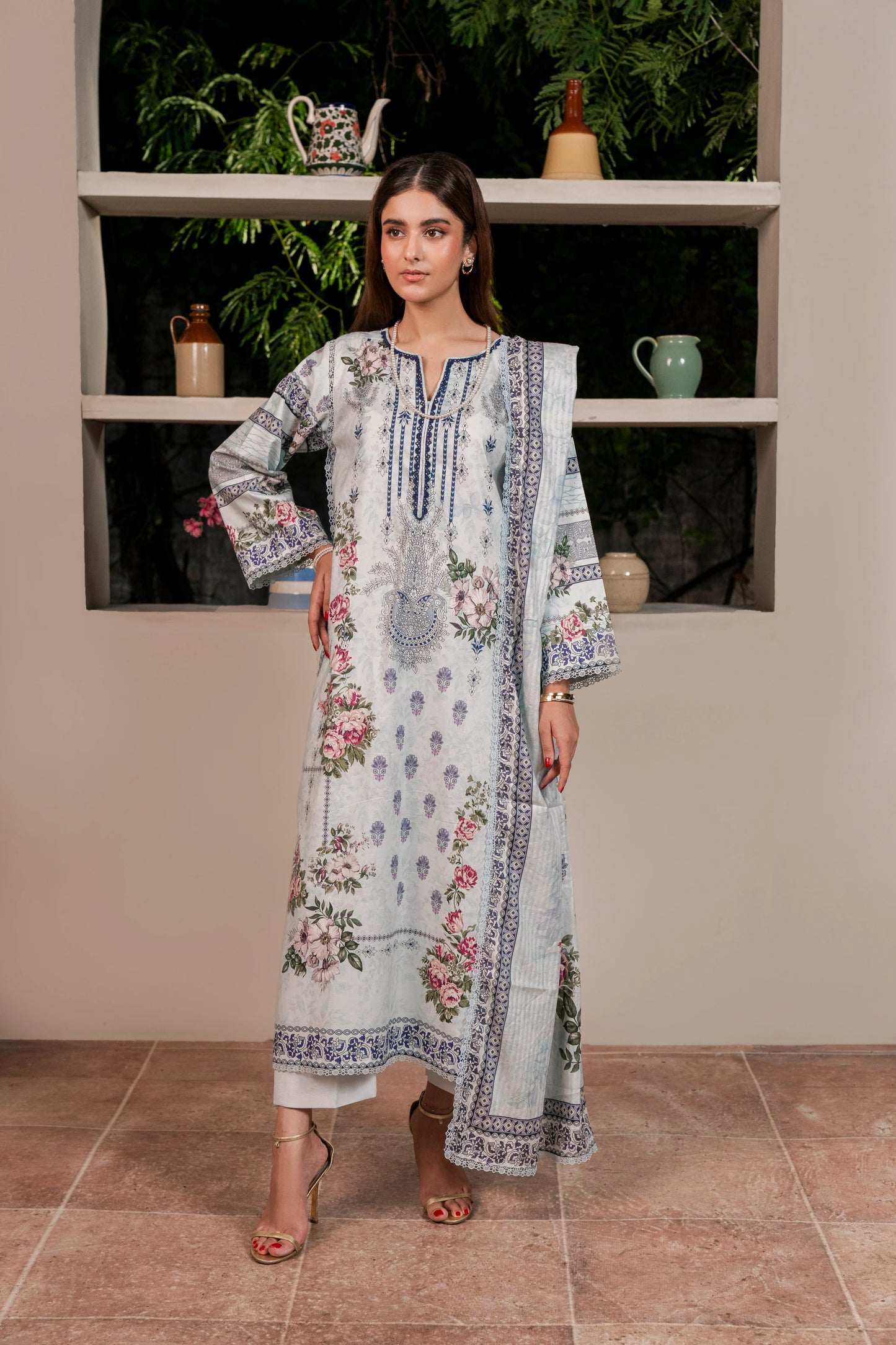 3Pc Firdous Cambric Printed Suit - D747