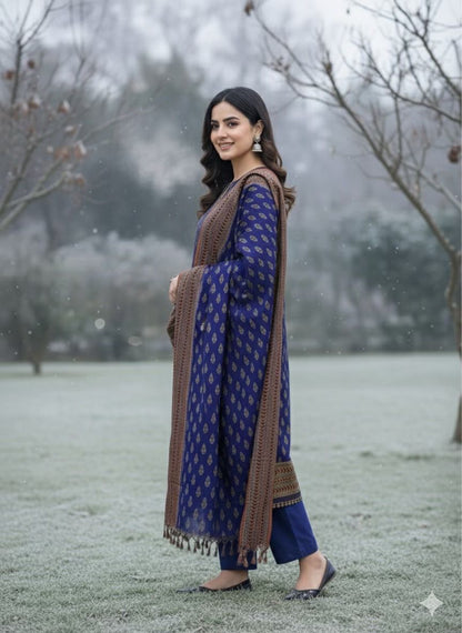 3Pc Dhanak Jacquard Unstitched Suit - 0089