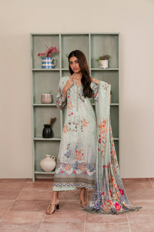 3Pc Firdous Cambric Printed Suit - D748