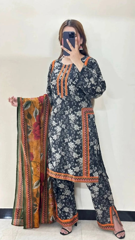 3Pc Slub Khaddar Allover Suit - 0076