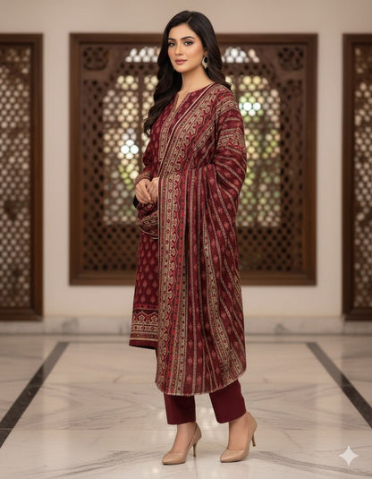 3Pc Dhanak Jacquard Unstitched Suit - 0089