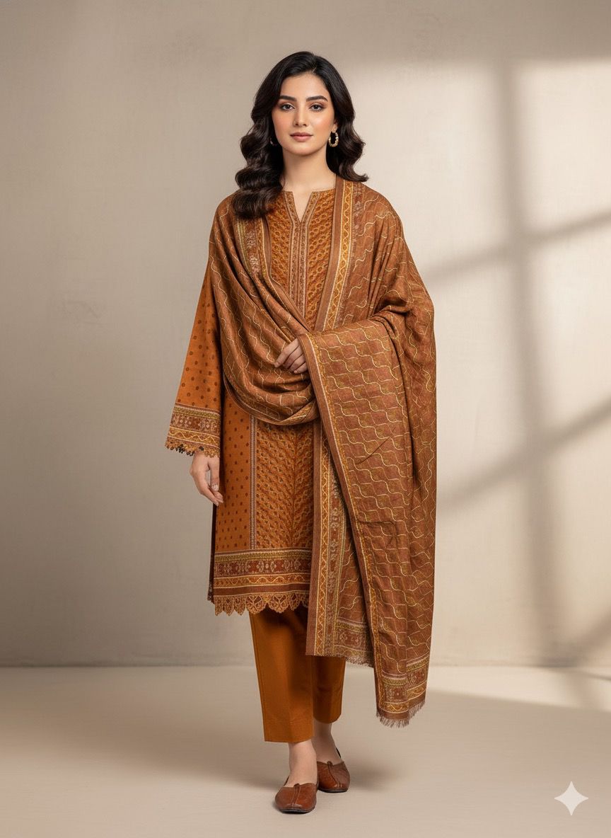 3Pc Dhanak Jacquard Unstitched Suit - 0089