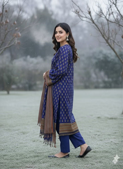 3Pc Dhanak Jacquard Unstitched Suit - 0089