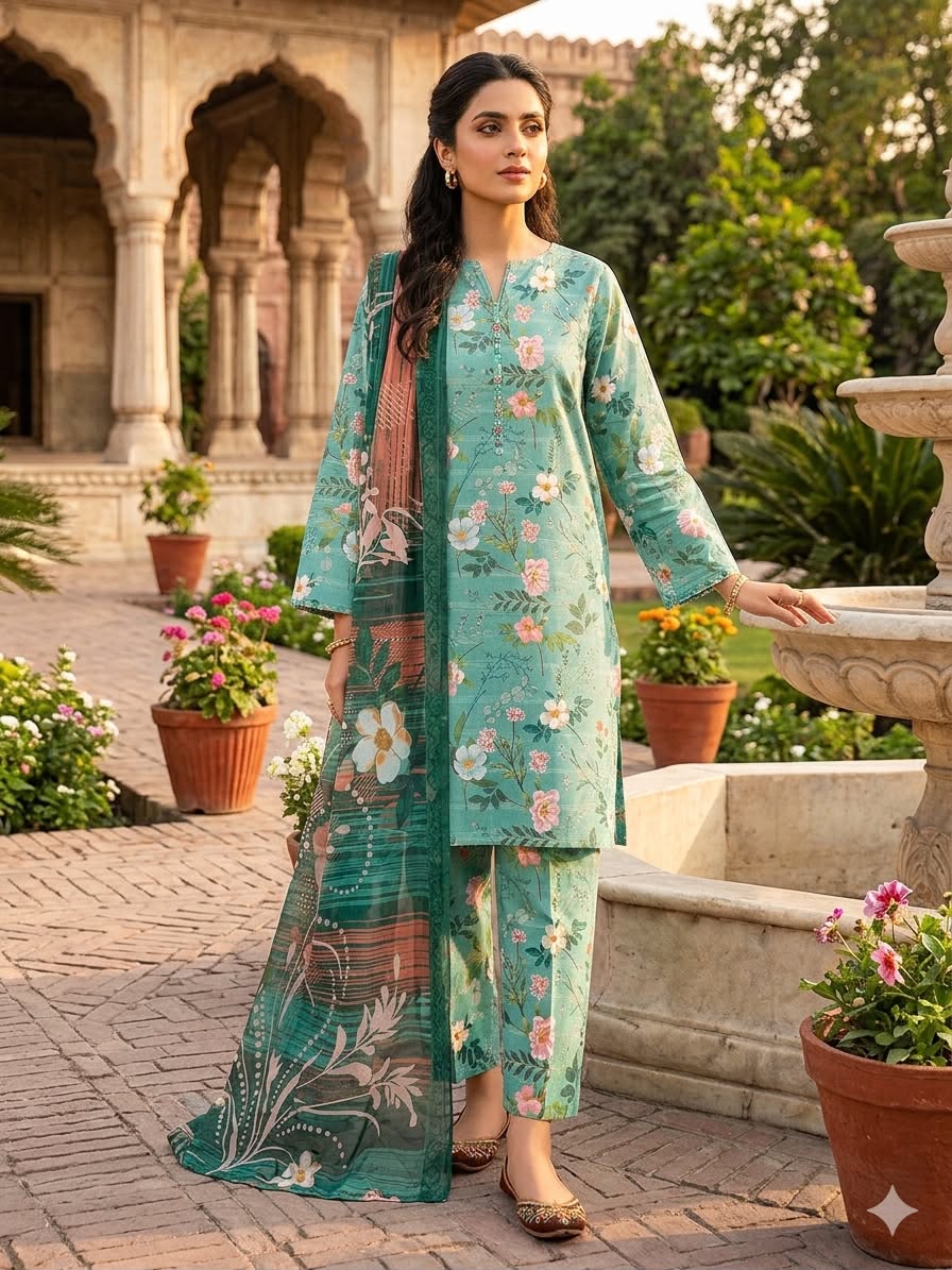 3Pc Lawn with Bamber Chiffon Dupatta Suit - 307